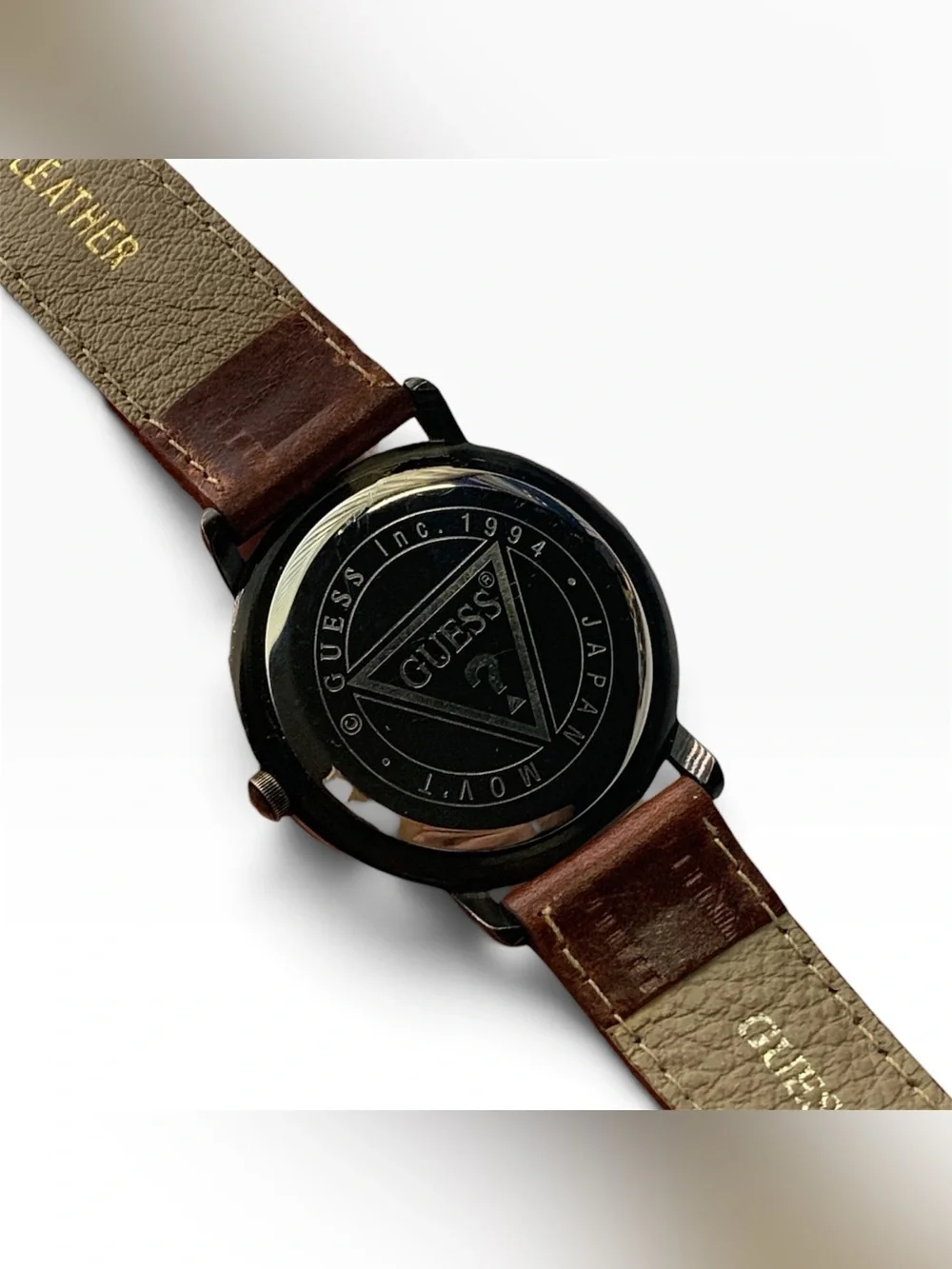GUESS Brown Leather Strap Watch with Bronze Star Accent, Unisex